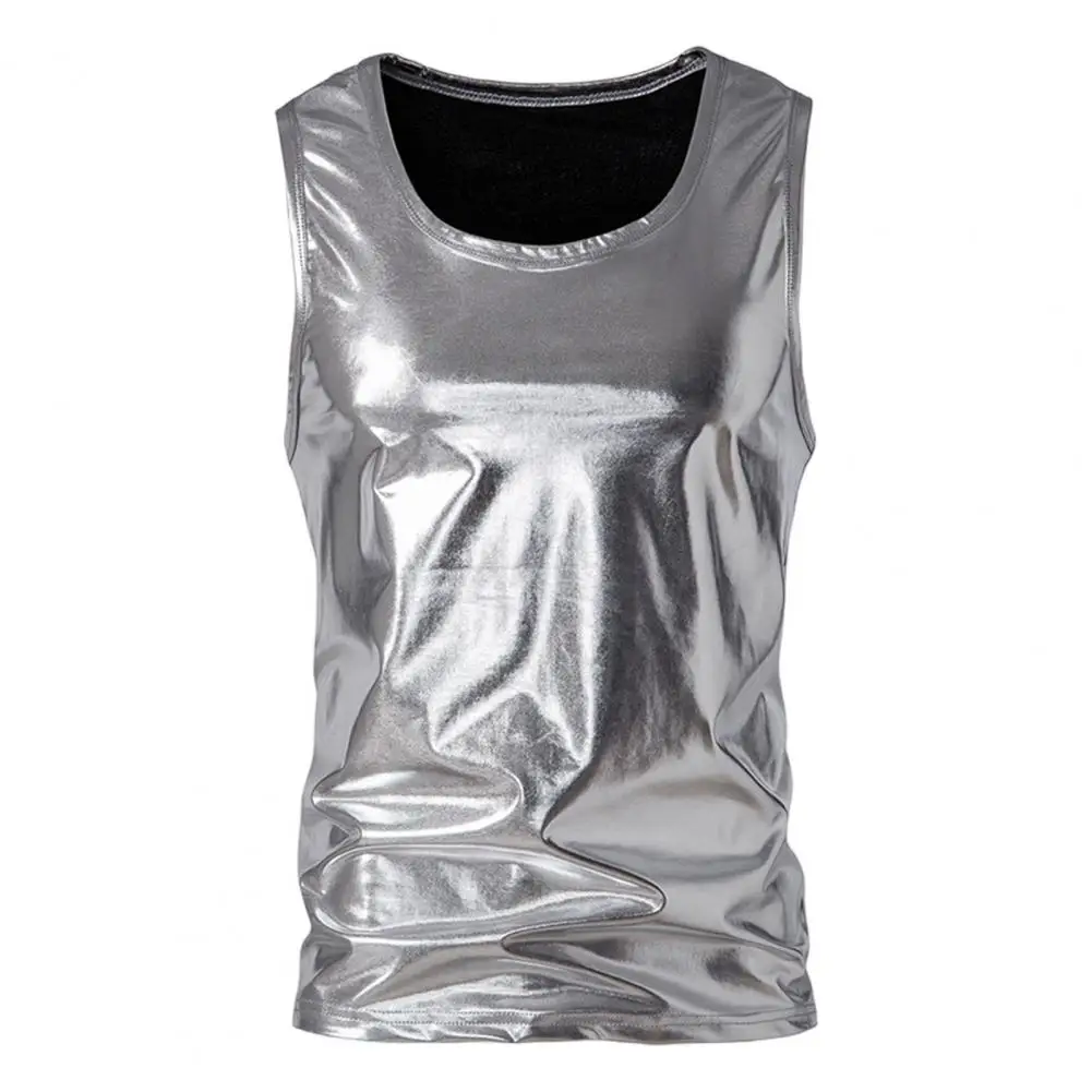 Mens Fashion Shiny Metallic Vest O-Neck Sleeveless Men Vest Breathable Club Rave Festival Clothing Jazz Hip Hop Casual Tops