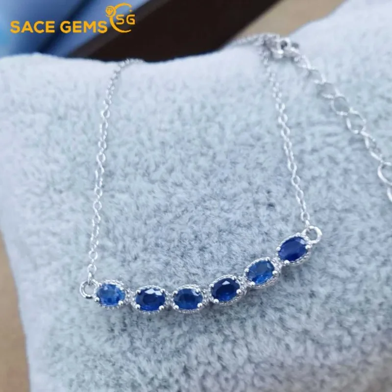 SACEGEMS S925 Sterling Silver Certified 3*4MM Natual Sapphire Pendant Necklaces for Womne Engagement Cocktail Party Fine Jewelry