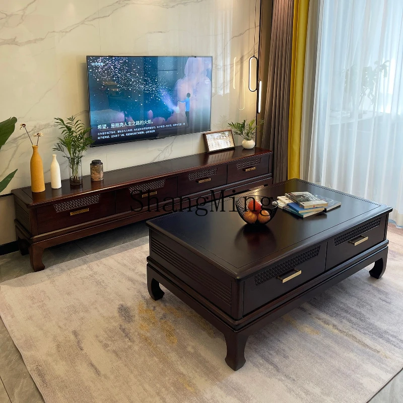 

SM new Chinese TV cabinet coffee table combination high leg solid wood furniture retro style video cabinet complete