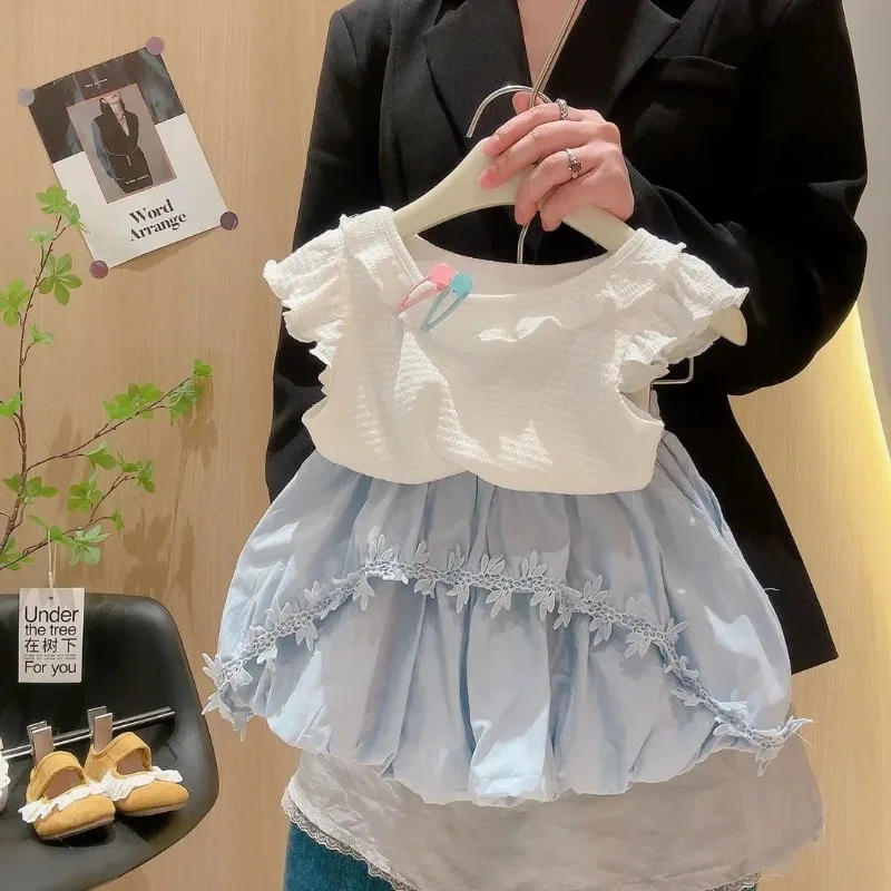 2026 Girls Korean Style Summer Set New Item for Womens Treasures Sweet Ruffle Edge Sleeveless Top and Shorts Two Piece Set