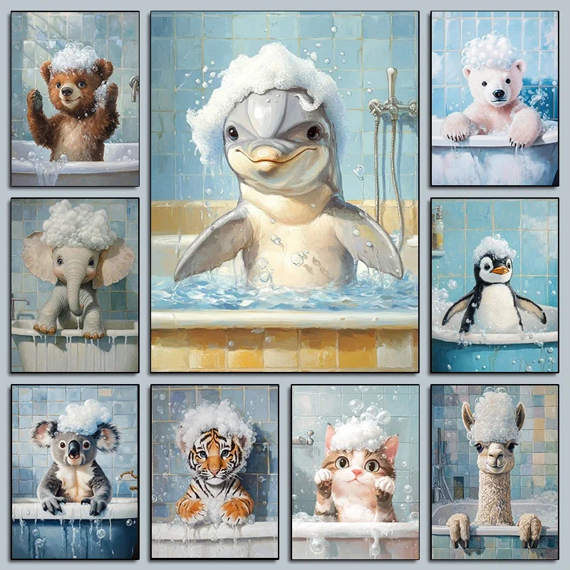 1pc frameless canvas painting Cute Animals In A Bathtub Posters Funny Bathroom Bubble Prints  Canvas Painting Wall Pet Animal