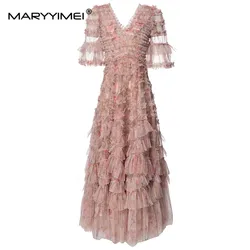 MARYYIMEI New Fashion Runway Designer Women's V-Neck Fairy Style Bubble Short Sleeve Wooden Ear Layered Printed Tulle Dress