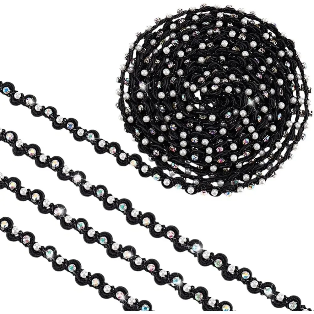 4 ياردة اللؤلؤ الدانتيل تقليم 3/8 بوصة أسود متموج شريطة من الدانتيل اللؤلؤ هامش حجر الراين هامش زين النسيج الأعرج الشريط صنع عدة