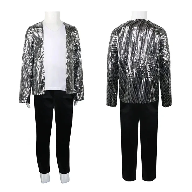 qq273Disfraz de Michael Jackson para niños y adultos, sombrero, guantes, gafas, traje para hombres y mujeres, ropa de actuación de cantante de escenario para Halloween