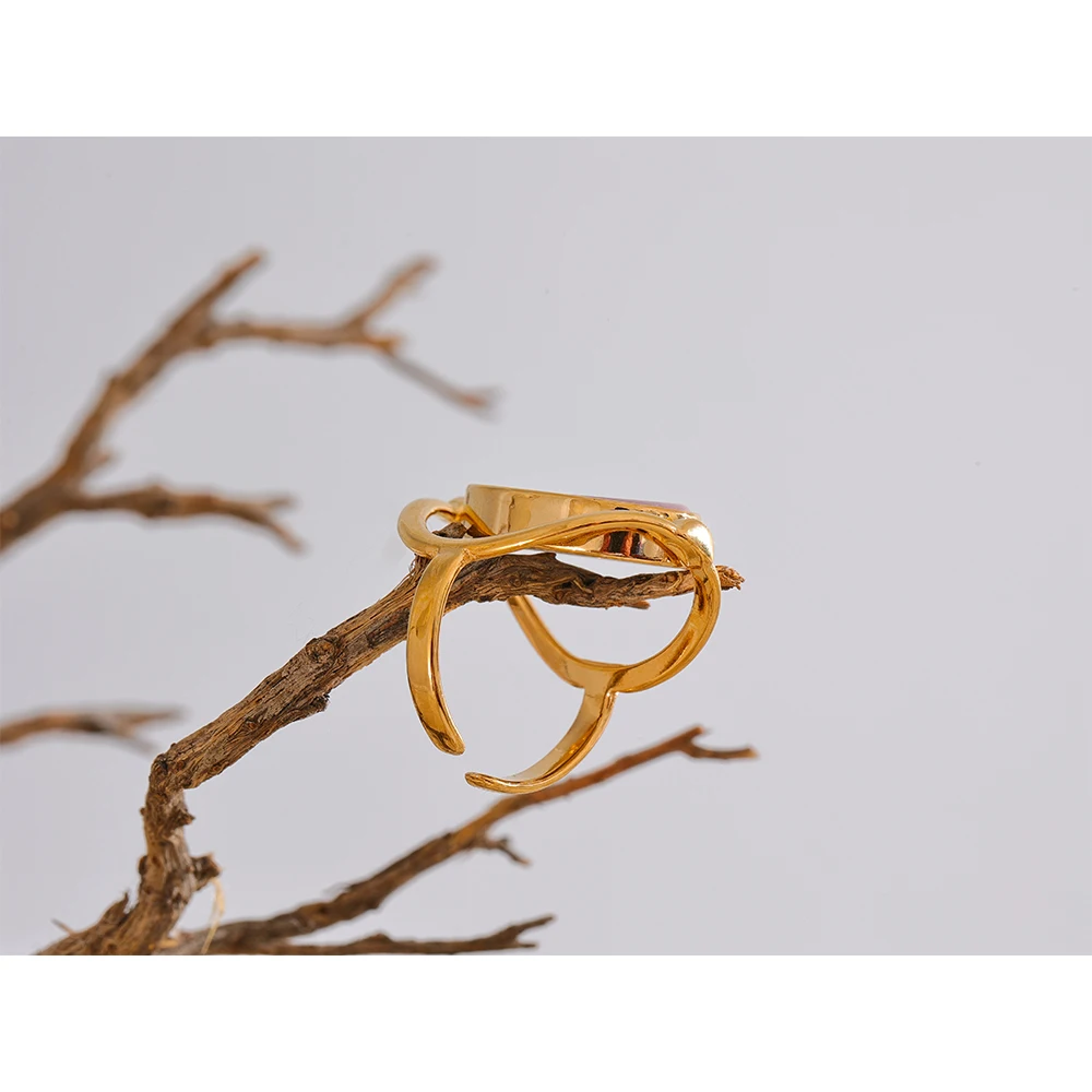 Yhpup Exclusive Natural Stone Shell Rotatable Open Ring France Exquisite Stainless Steel Unique Jewelry for Fashionable Women