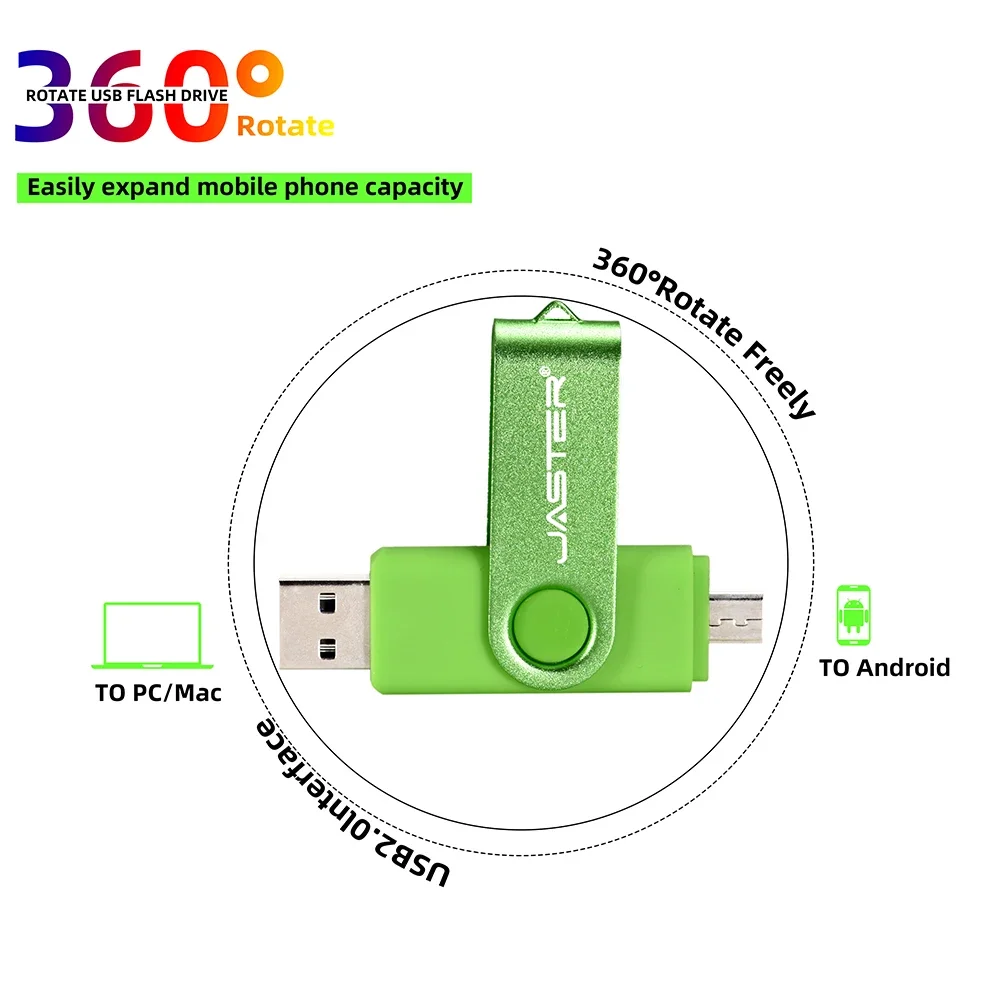 USB 2.0 Flash Drive OTG Pen Drive 2 IN 1 Memory Stick Rotatable Pen Drive Key Chain USB Stick Metal Pendrive Colorful U Disk 128