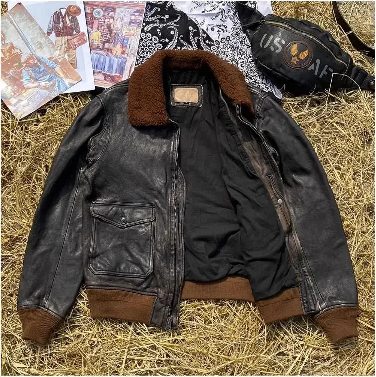 YR!Free shipping.Classic style vintage G1 genuine leather jacket.Bomber natural goatskin coat. Rider cool cloth.Autumn