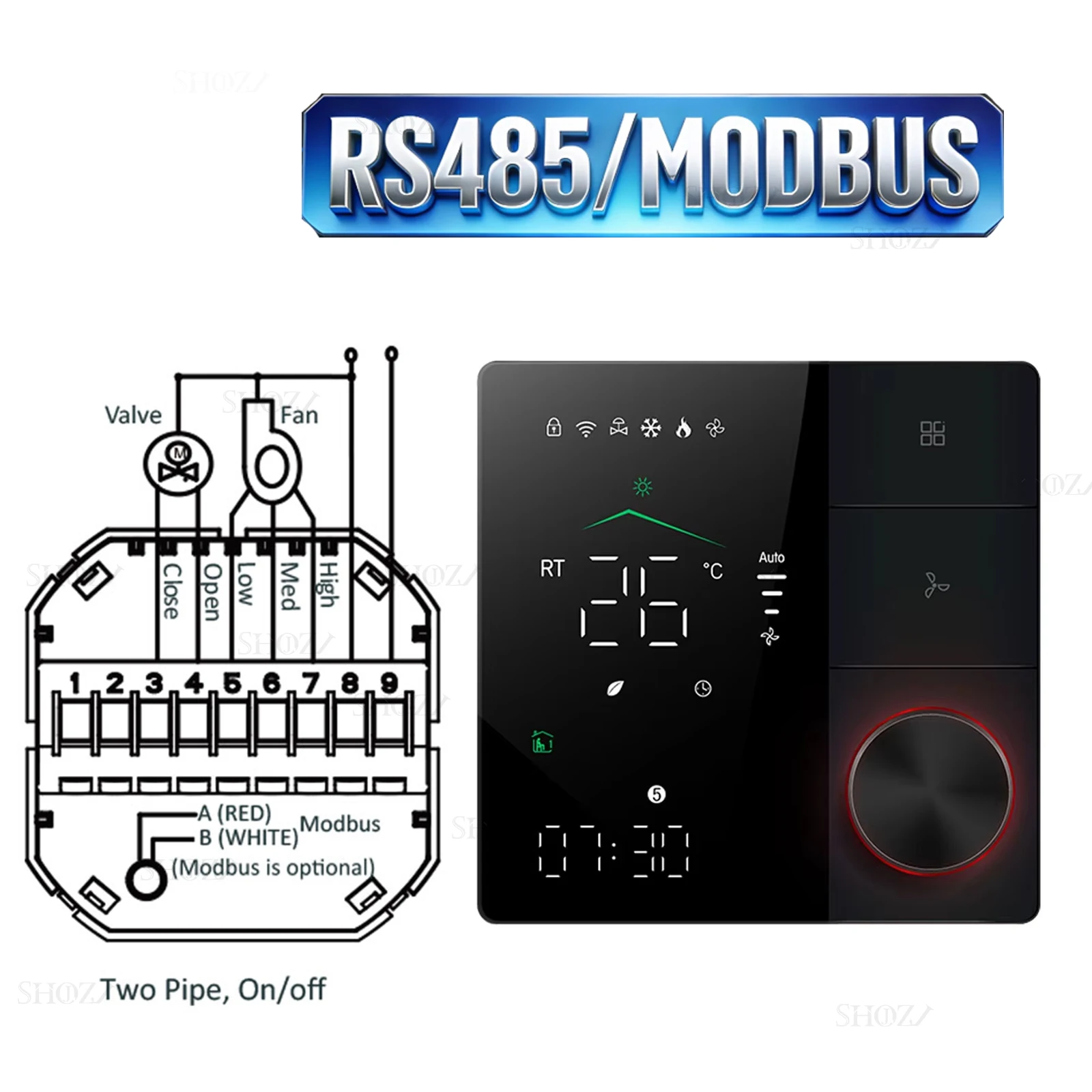 Zigbee/Wifi/RS485 Klimaatthermostaat voor Fan Coil Units, 2/4-Buis Verwarming/Koeling Temperatuurregelaar, Compatibel met Tuya Smart Life,Ondersteunt Alexa Google Home Assistant, kan Honeywell,