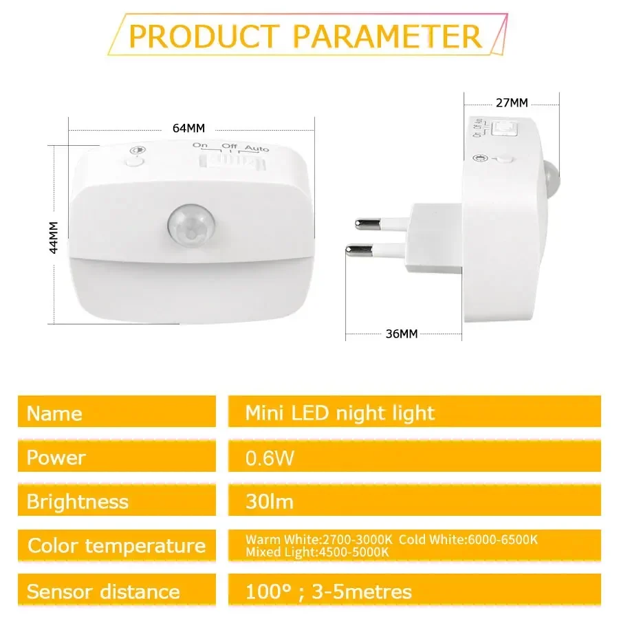 Motion Sensor LED Under Cabinet Light US/EU Plug LED Night Lamp for Kitchen Bedroom Hallway Stairs Cupboard Closet 3 Colors