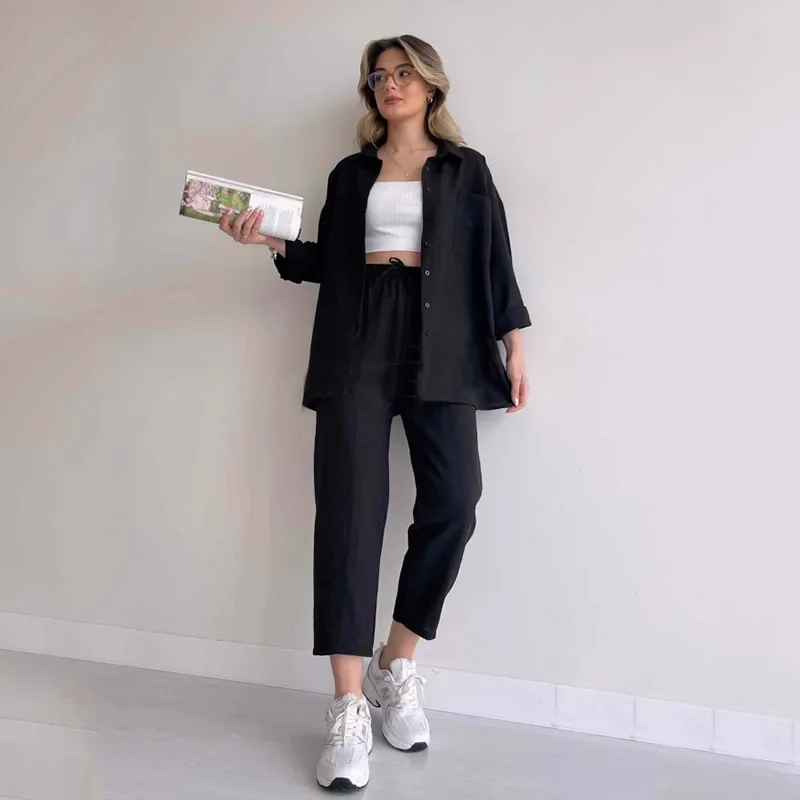 Two-Piece Set Outfits Women Long Sleeve 2023 Casual Loose Shirt Coat Cropped Sports Harem Pants Shirt Tops Trousers