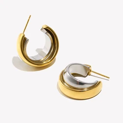 E.B.belle Wide Double-layer C-shaped Hoop Earrings Hypoallergenic 316L Stainless Steel Women's Earrings 18K Gold Plated Jewelry