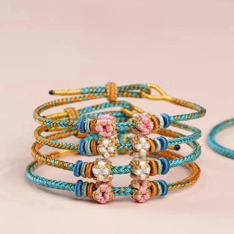 Hand Woven Peach Flower Blossom Bracelets For Men Women Lucky Exam Success Bracelet Fashion Good Luck Charm Bangles