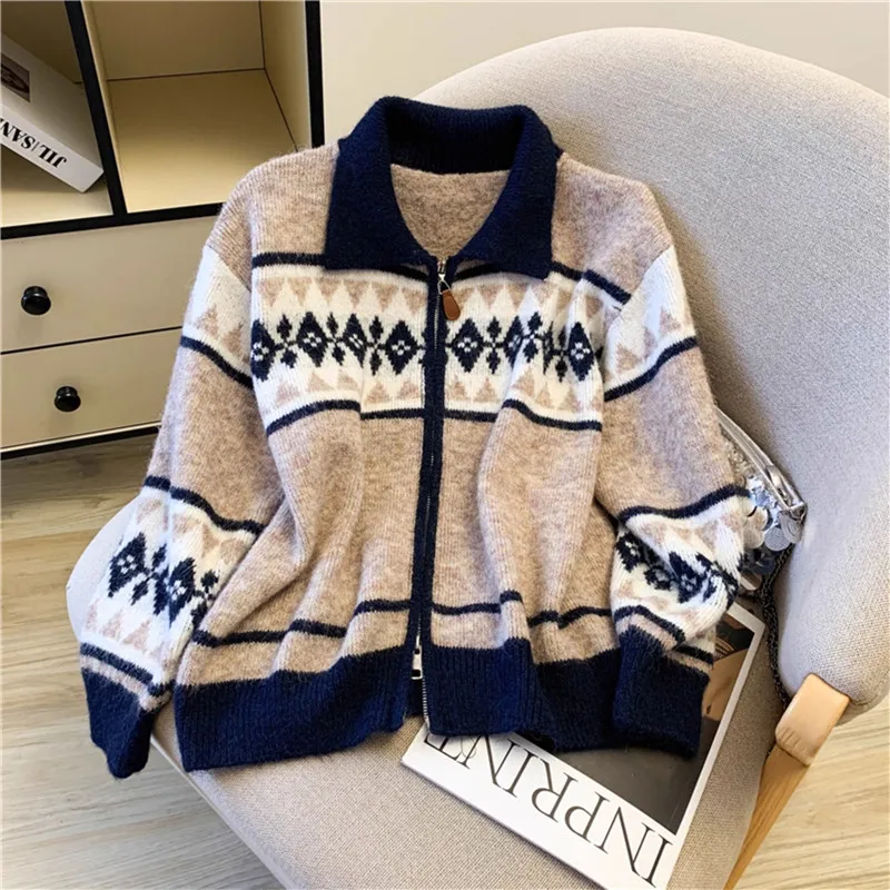 

Grey Khaki White Spring Autumn New Korean Women Short Knit Cardigan Sweater Jacket Lapel Zipper Long Sleeve Sweater Female Coat