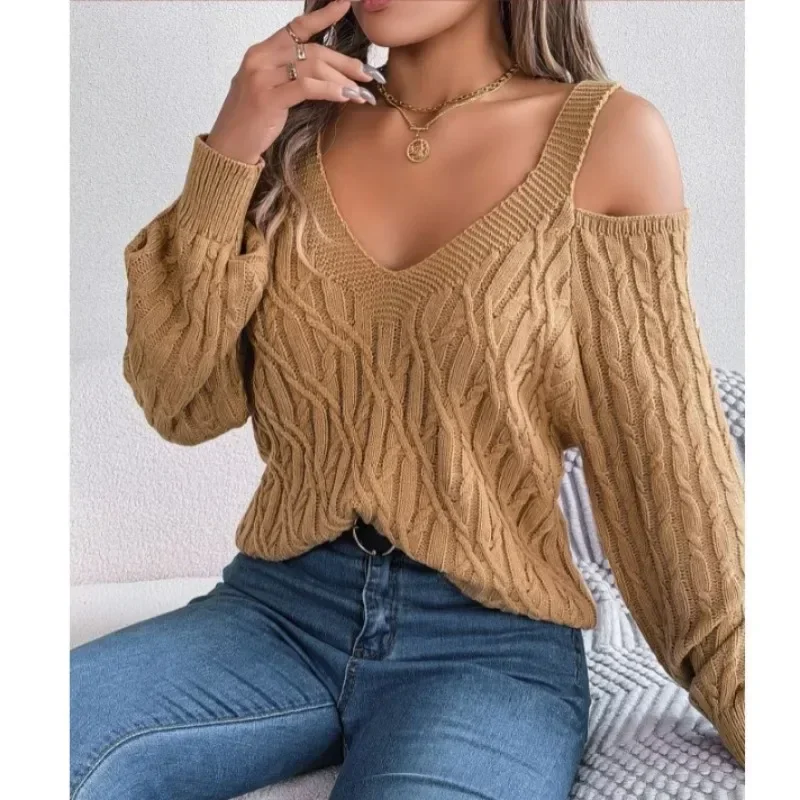 

2024 Fall Vintage Long Sleeve Knitted Sweater Fashion Women Clothes Winter Casual Solid Twist Off-the-Shoulder Sweater 30105