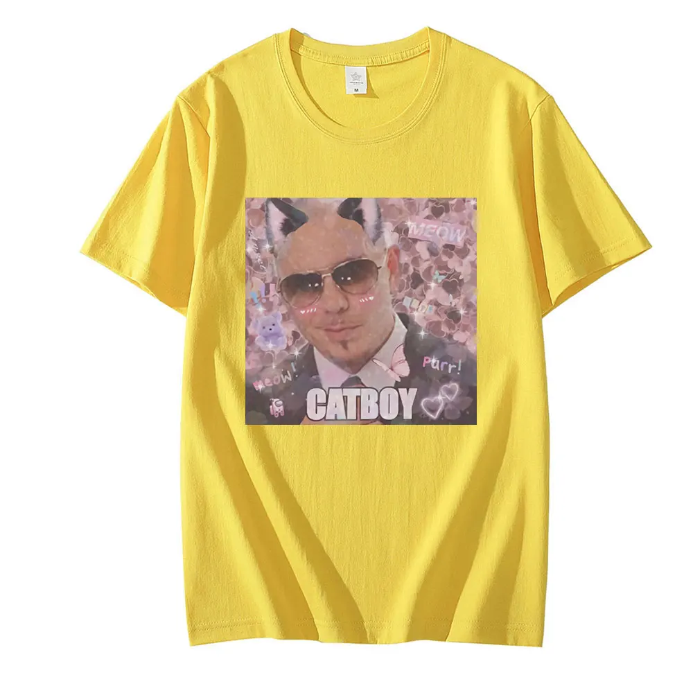 Mr. Worldwide Catboy Men T Shirt Funny Face Vintage Tee Shirt Short Sleeve Round Neck T-Shirt 100% Cotton Plus Size T-shirts