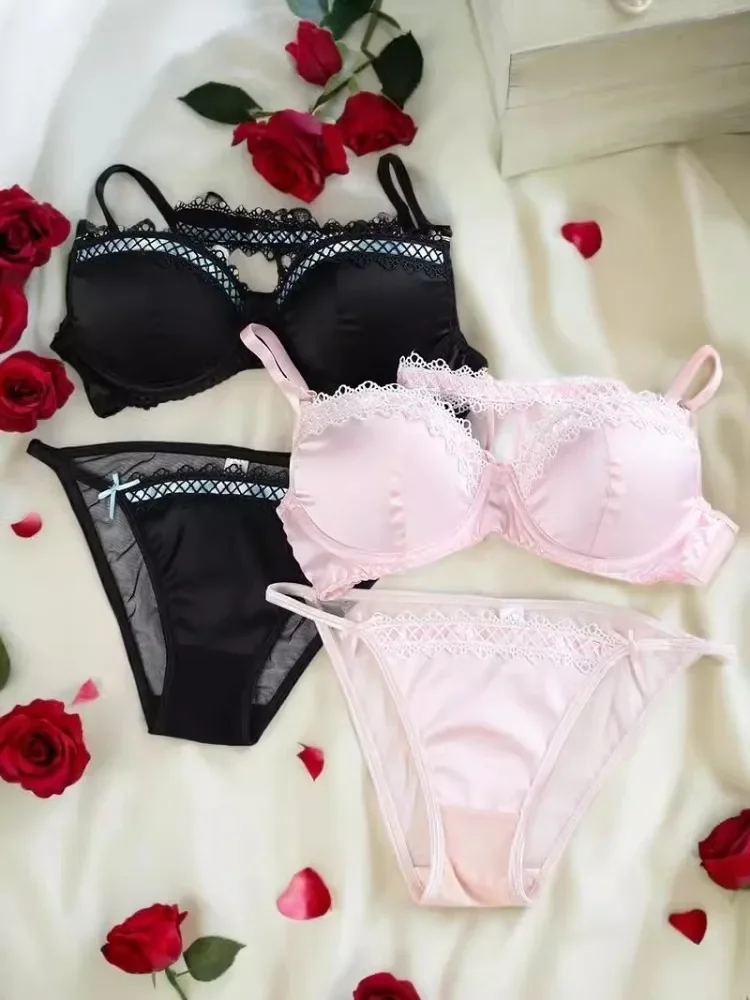 MOYISU Pure Desire Sexy Satin Patchwork dentelle ensemble de soutien-gorge rose licou sous-vêtements