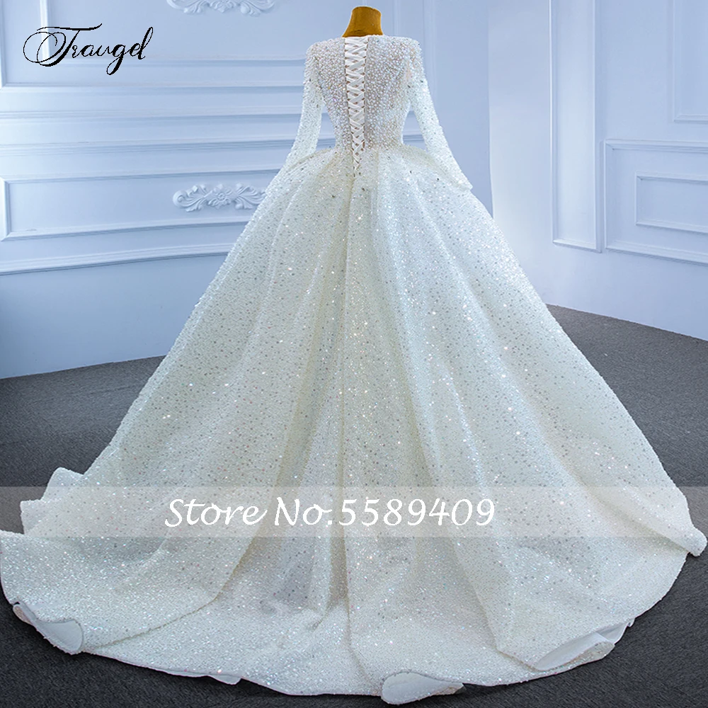 Customized Ball Gown Princess Wedding Dresses O-Neck Long Sleeve Vestido De Novia Beaded Crystal Charming Shiny Robe De Mariee