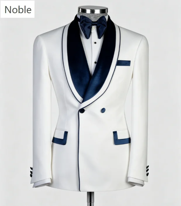 Men Double Breasted Tuxedo Jacket White Navy Blue Velvet Shawl Lapel Blazer Wedding Groom Formal Dinner Customized Only Coat