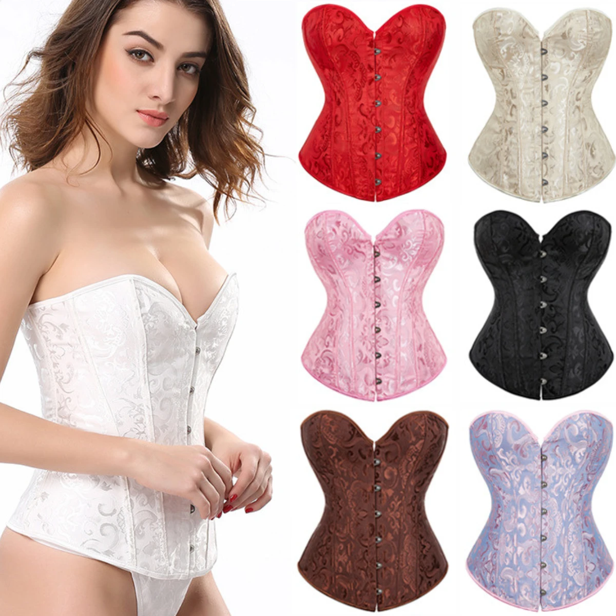 

Women Vintage Lace-up Overbust White Corsets Waist Cincher Vest Plus Size Shapewear Tops Push Up Bodysuit Bustier Bodyshaper Top