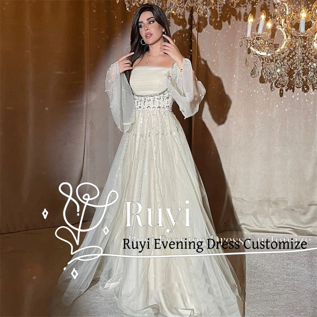 Customized Saudi Tulle A-Line Evening Dress Long Puff Sleeves Square Neck Luxury Stones Crystals Arabic Prom Gown Party