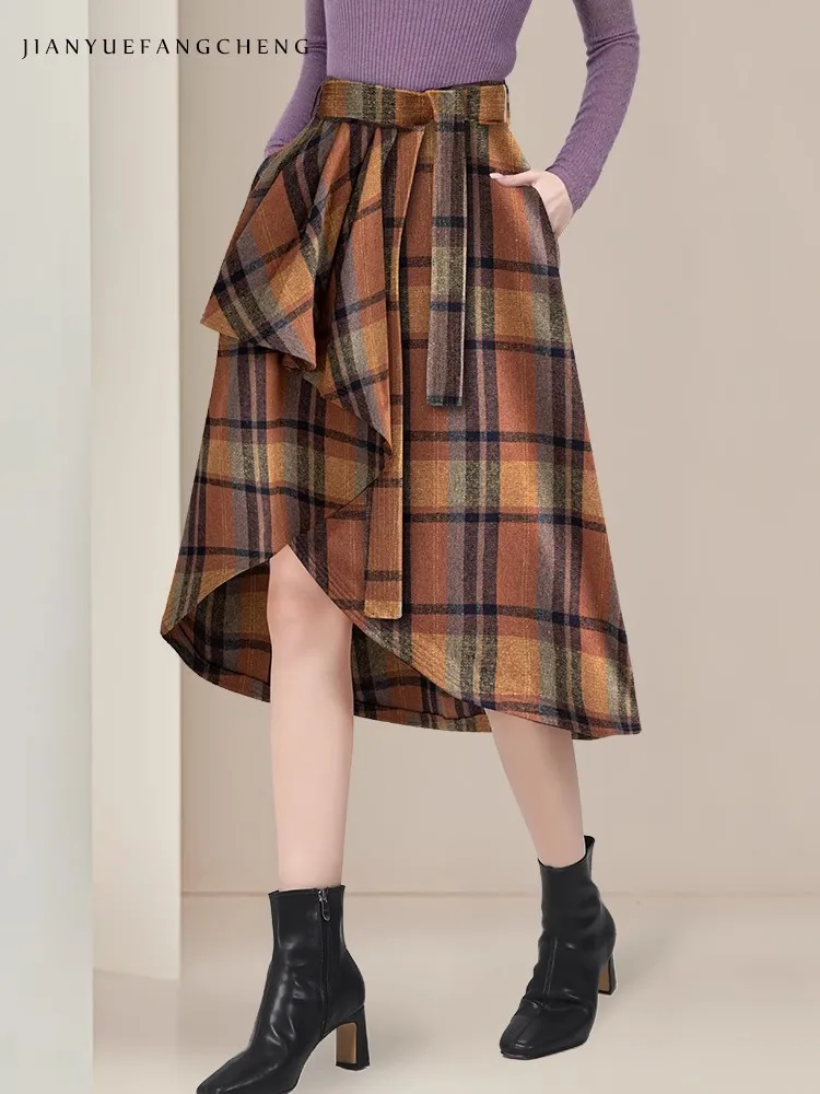 Women Autumn Winter Yellow Plaid Woolen Skirt High Waist A-line Asymmetrical Mid-length Skirts Belt Lace-up Ruffled Retro Skirts