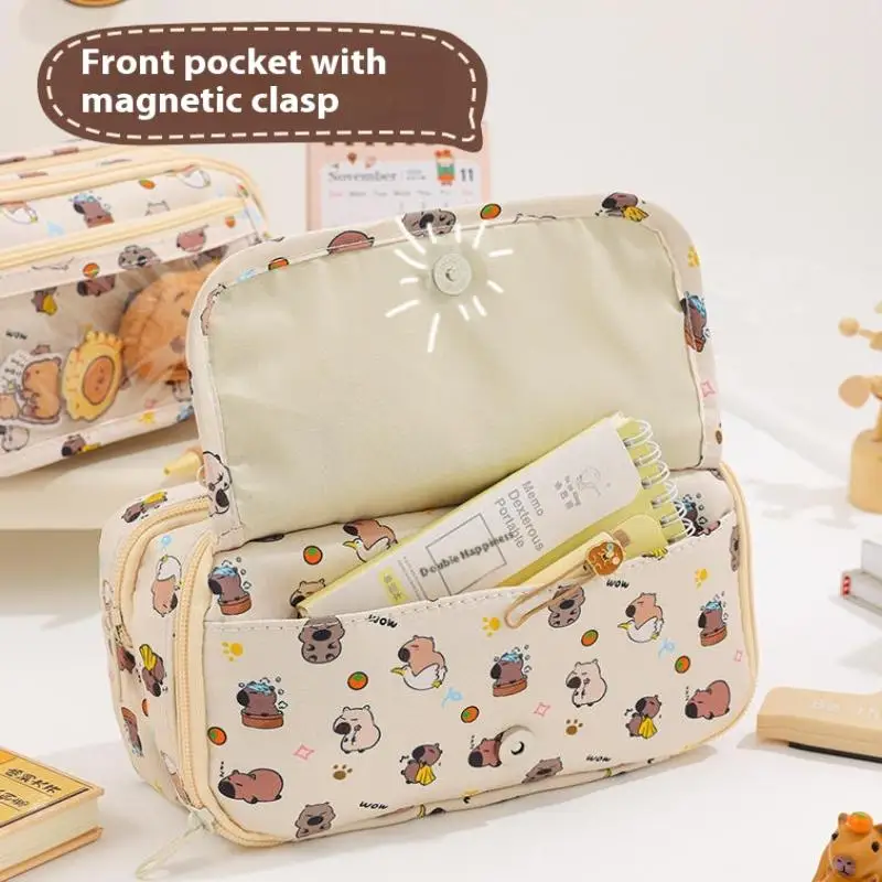 Sac de rangement de papeterie scolaire de grande capacité, 1 pièce, boîte à crayons, trousse à crayons de dessin animé Kapibara avec rabat
