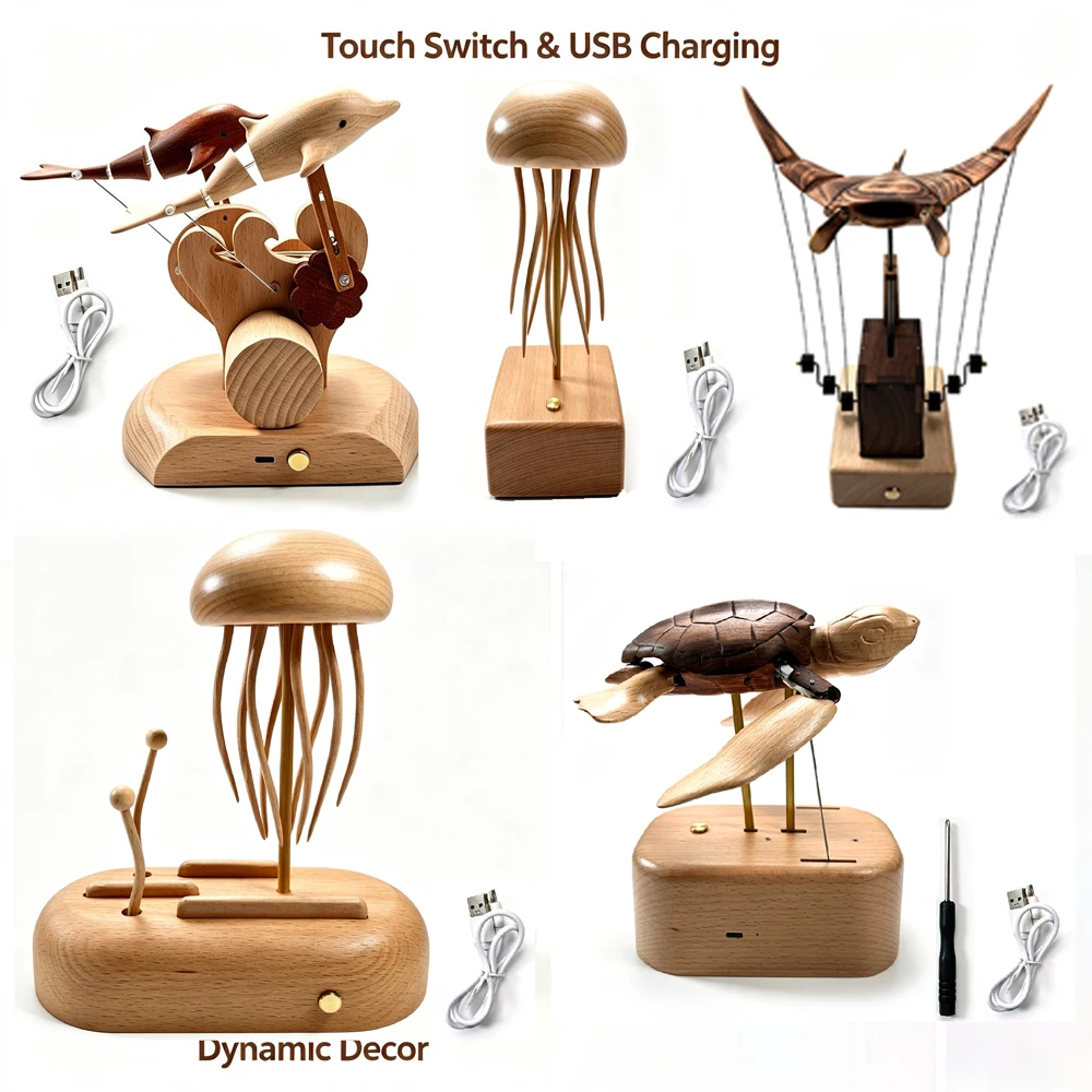Wooden Kinetic Desk Decor Touch Switch USB Charging Figurine Handmade Art Toy Jellyfish Turtle Dolphin Manta Ray Statue Home Gif