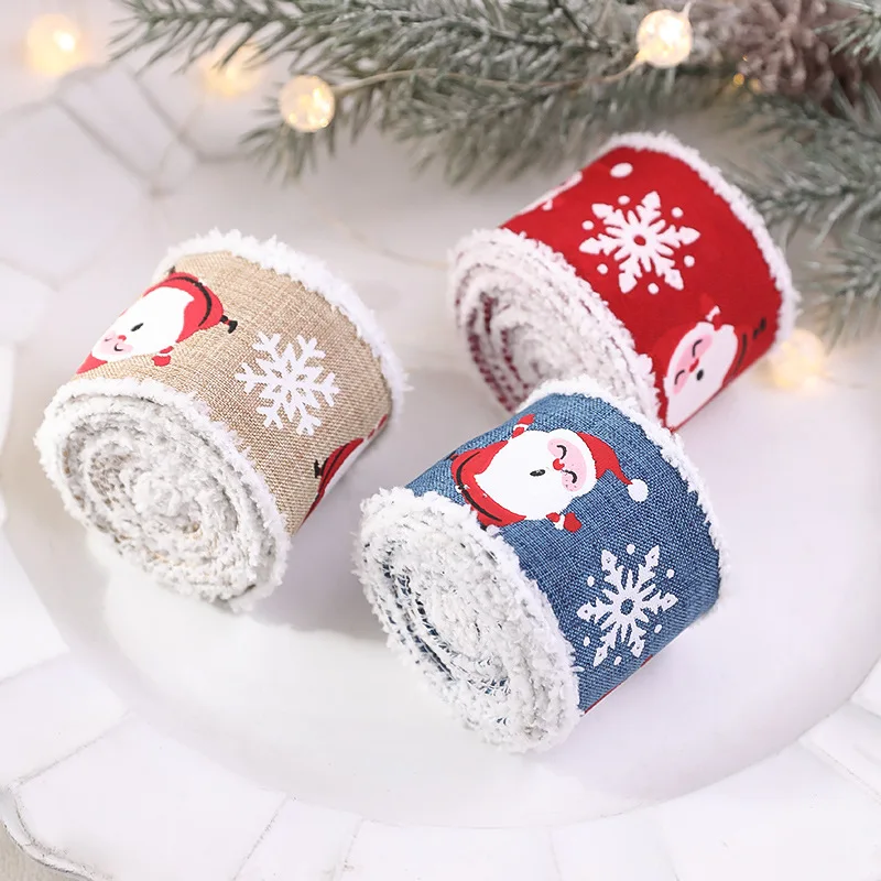 New Plush Imitation Linen Santa Claus Snowflake Webbing Ribbon Christmas Gift Box Packaging Decoration Рождественская Лента