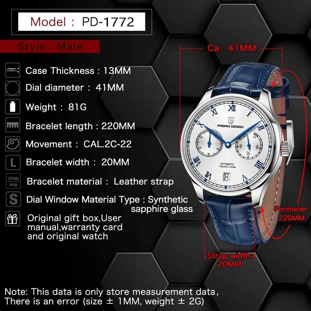 PAGANI DESIGN 41MM Roman Numerals Pilot Mechanical Watches Sapphire Glass Energy Storage Automatic Watch Men's Waterproof Clock