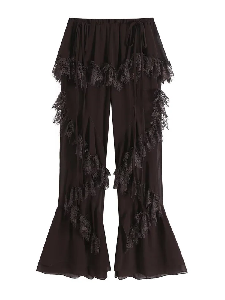 Autumn Dark Brown Women Chiffon Flare Pants Elastic Drawstring Waist Irregular Multi Layer Lace Ruffle Trousers Streetwear New