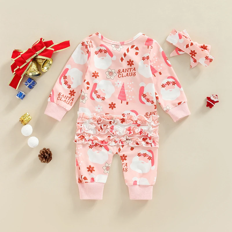 Newborn Baby Girls Christmas Jumpsuit Set Long Sleeve Gingerbread Man/Santa Claus Print Zipped Romper with Bowknot Headband