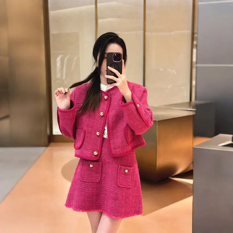 Women's Set 2024 New Autumn Winter Single Breasted O-neck Sweet Long Sleeve Coat or High Waist A-line Skirt