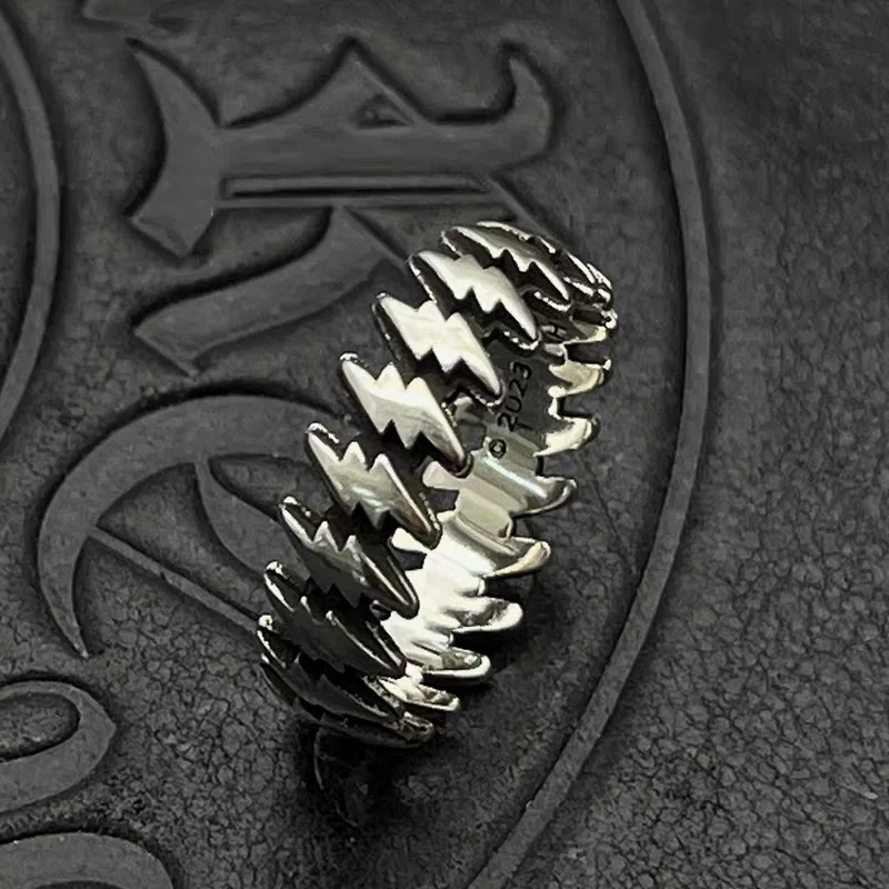 

S925 Sterling Silver Jewelry Men's Medieval Thai Silver Vintage Small Lightning Ring Cross Punk Hip Hop
