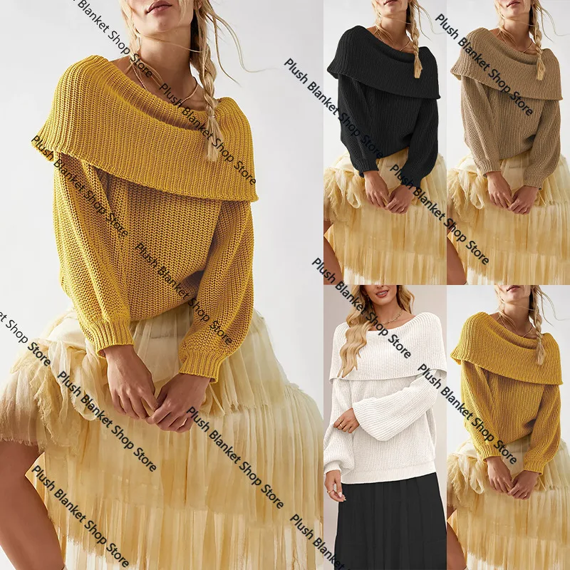 Новинка 2025 года, осенне-зимний европейский и американский женский свитер tiktop, свободный пуловер с воротником в одно слово, вязаный свитер Новинка 2025 года, осенне-зимний европейский и американский женский свитер tiktop, свободный пуловер с воротником в одно слово, вязаный свитер