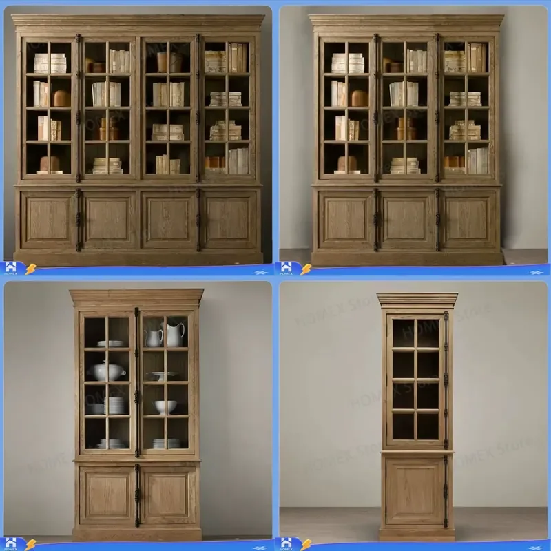 Antique Oak Bookcase 8 Door Glass Display Cabinet Vintage Wood Storage Locker Luxury Home Office Library Furniture Shelf Unit