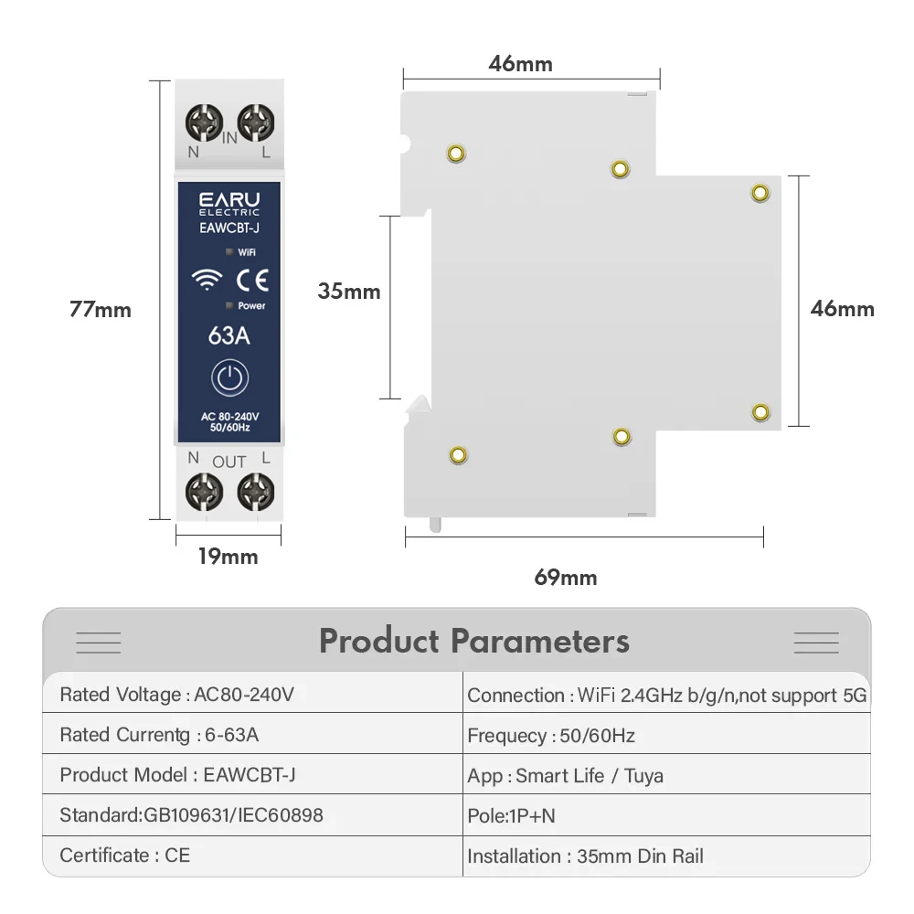 Tuya 1P 1P+N WiFi Smart Circuit Breaker Voltage Energy Power kWh Meter Time Relay Switch Voice Remote Control Smart Life App