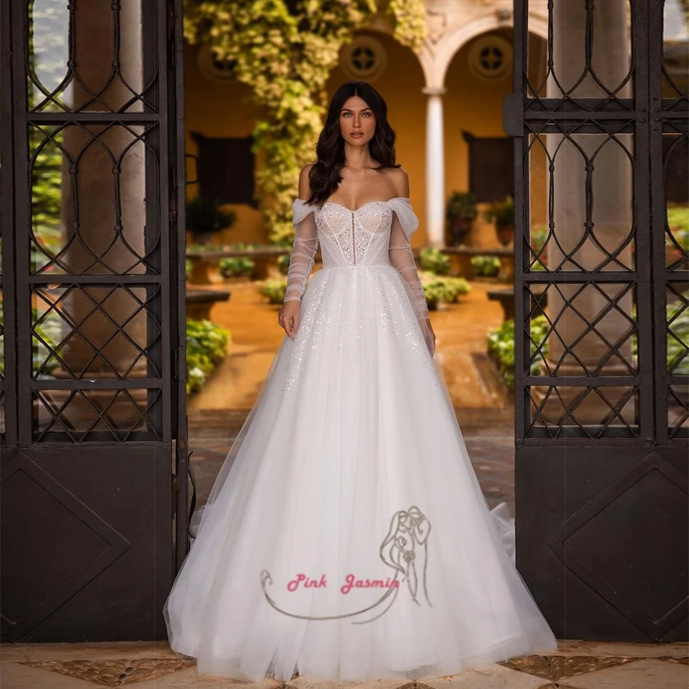 Chaming Sweetheart Off Shoulder Wedding Dresses Ivory A Line Full Sleeve Glitter Bridal Gowns for Women 2023 свадебное платье