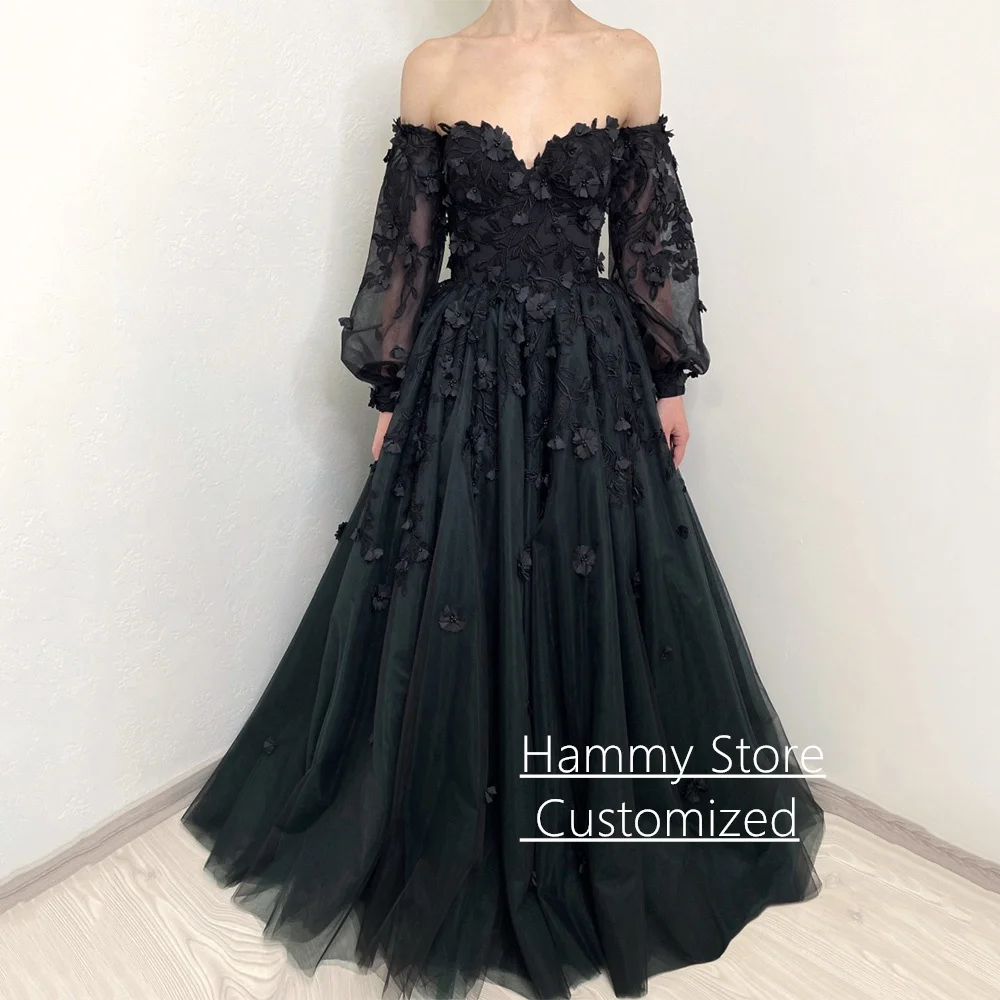 Gothic Black Wedding Dress with Puff Sleeves