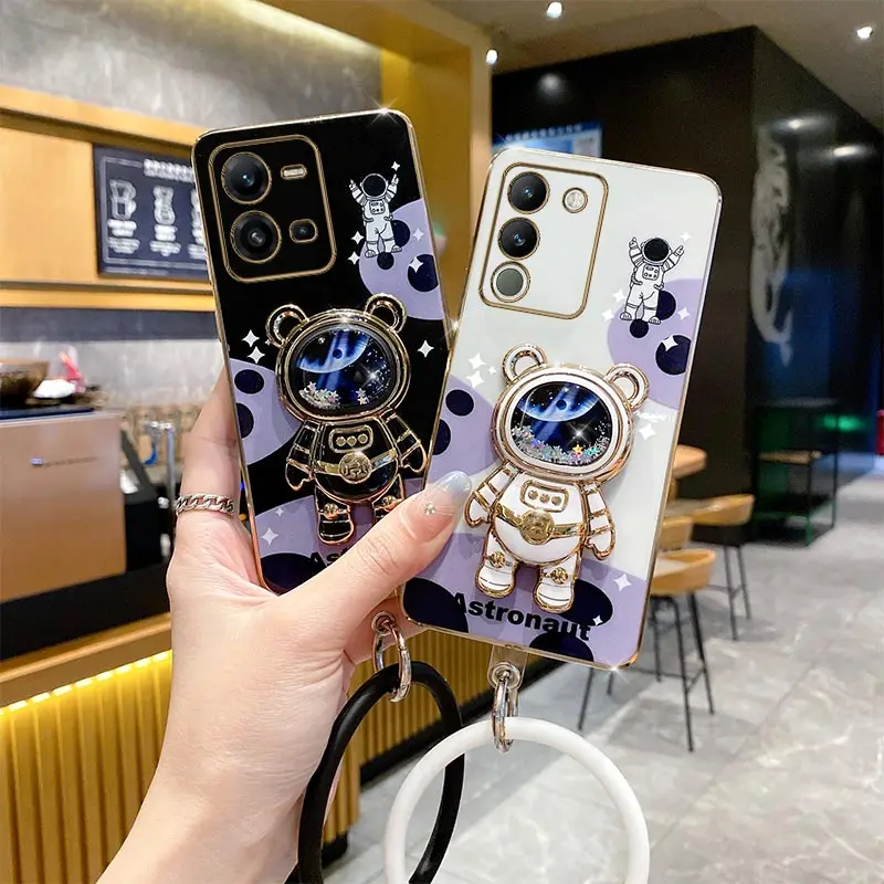 V29E Cheering Astronaut Holder Plating Phone Case For VIVO V29E V25E V25Pro V25 V23E V21E V21 Y15S Y16 Y17 Y19 Y12 Y30 Y35 Cover