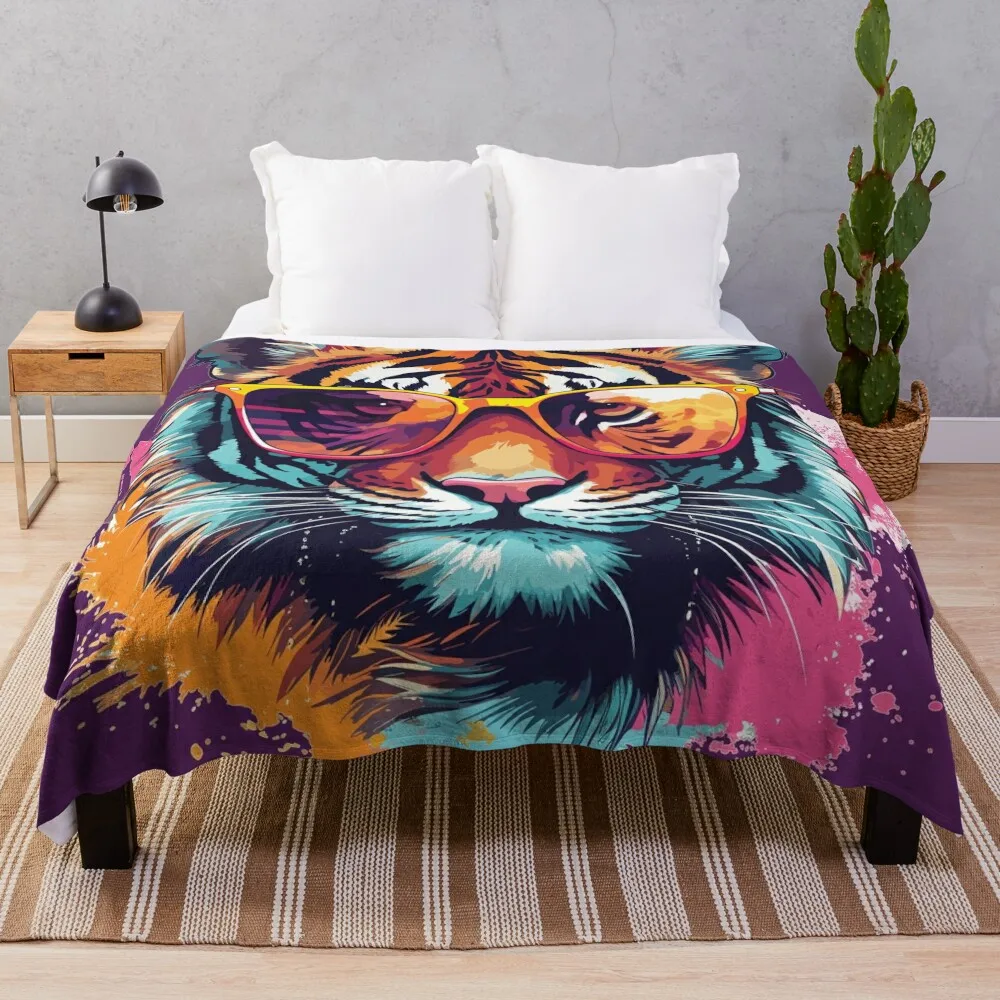 Colourful tiger with sunglasses 08 Throw Blanket warm for winter Thin Tourist Blankets