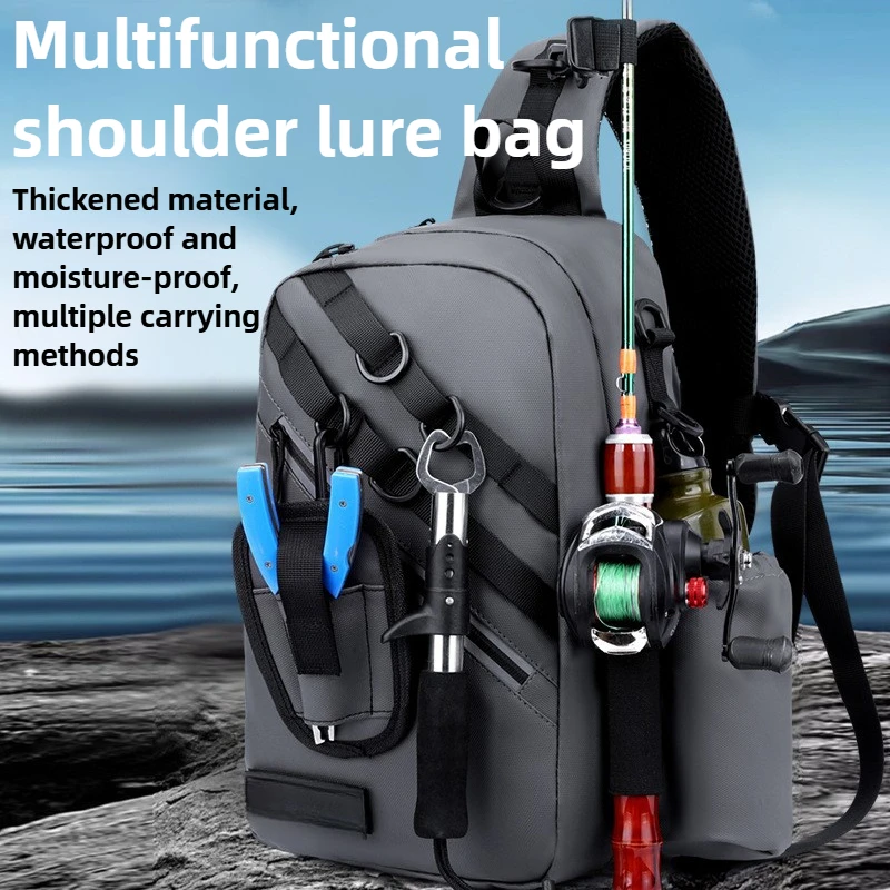 

Waterproof Oxford Fishing Lure Backpack with Rod Holder Lightweight Reflective Strips Shoulder Strap for Fishing Outdoor