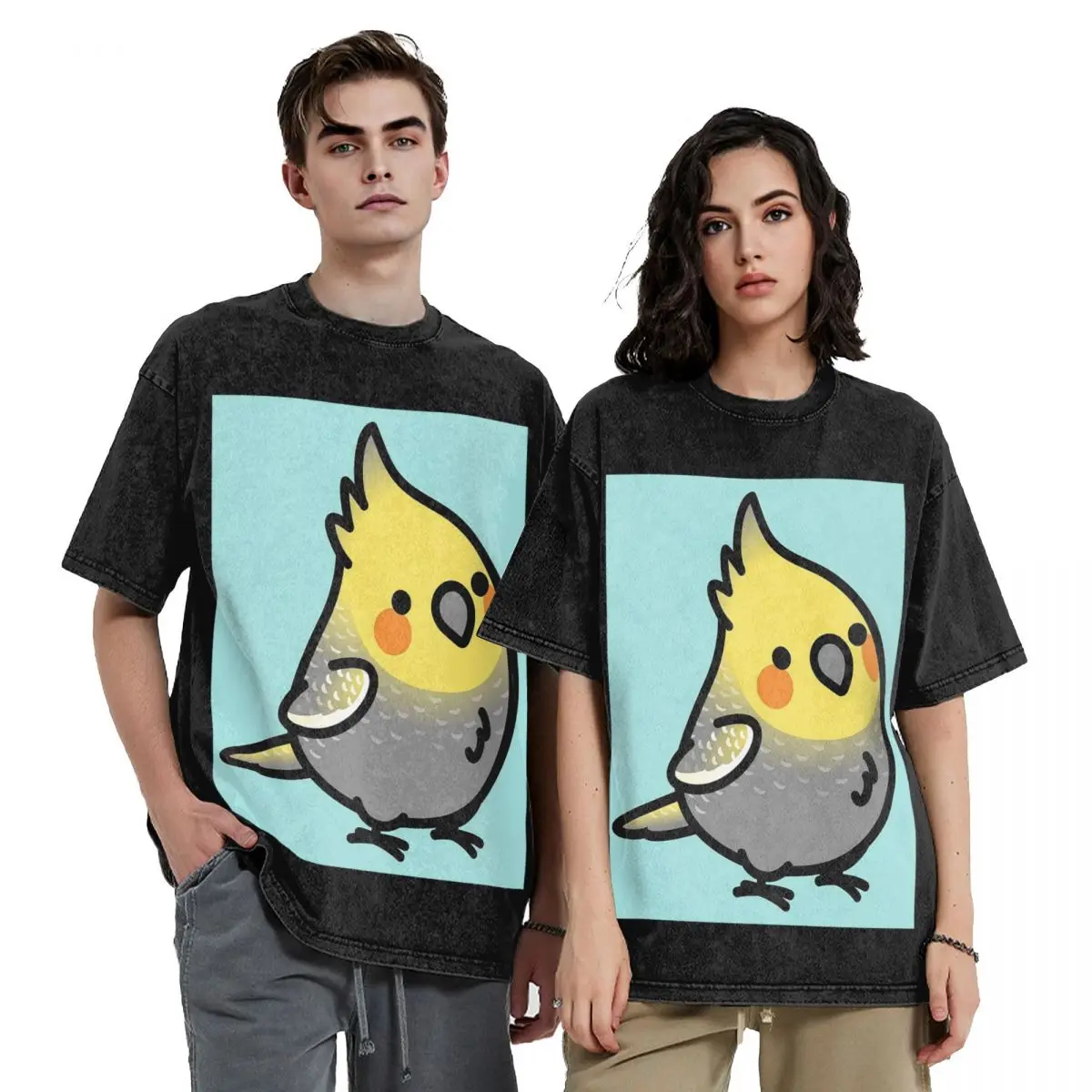 Chubby Pearl Cockatiel Hip Hop Short Sleeve T-Shirts Washed Tops Tees Streetwear T Shirt Vintage for Men Women