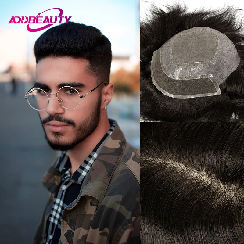 Lace PU Man Toupee Frontal Swiss Lace Men Capillary Prosthesis Soft PU Thin Skin Indian Human Hair Wigs Natural Hairline System