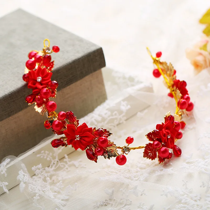 Red Color Crystal Pearl Leaf Headband Hairband Tiara For Women Bridal Wedding Hair Accessories Jewelry Headband Tiara