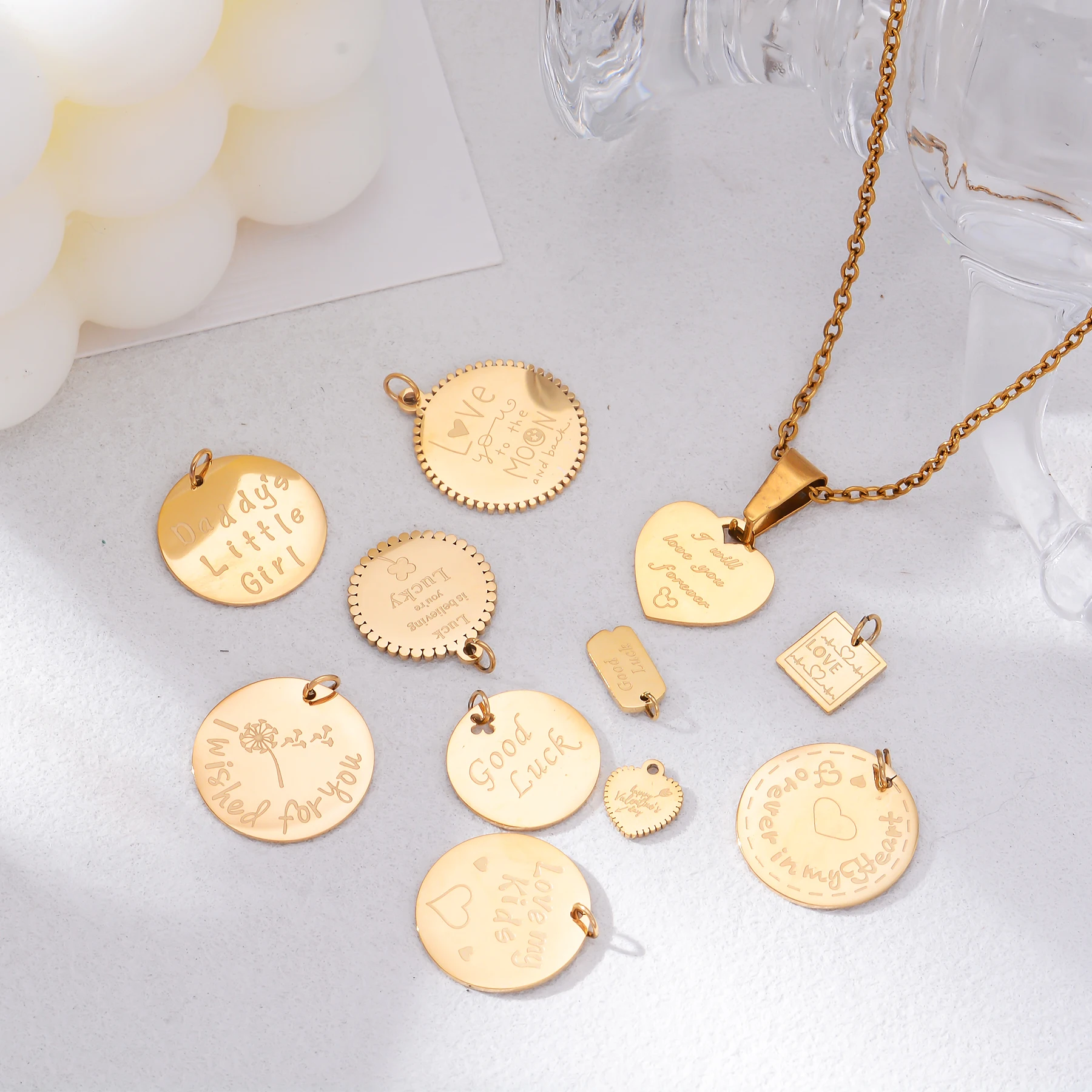 5pcs/Lot Stainless Steel Charms Round Heart Pendants for Women's DIY Bracelet Necklace Earrings Jewelry Accessories Wholesale