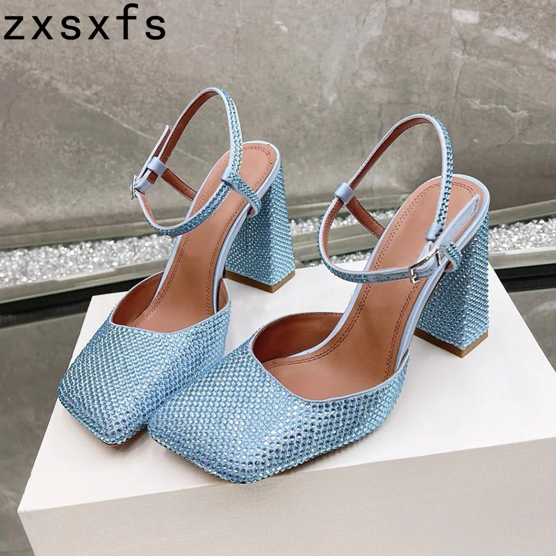 

Bling Crystal Block Heel Pumps Women Ankle Strap Square Toe Gladiator Sandals Summer High Heel Dress Shoes For Women Sandalias