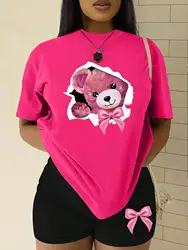 Pink Bow Broken Shell Teddy Bear T-Shirt Set Women Fashion Cotton 2 Piece Set Cool Summer Shorts Soft Fashion Short Sleeve Women