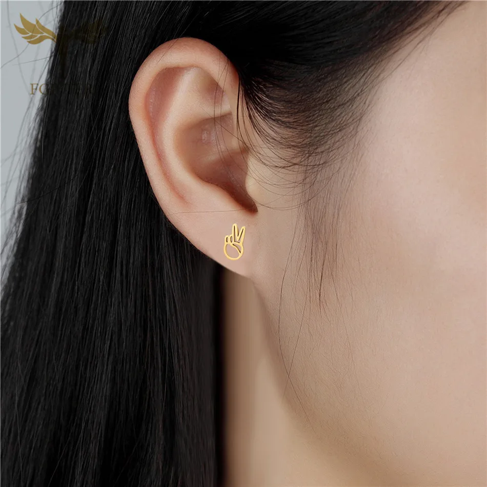 12 Pairs Stainless Steel Earrings Set Hollow Hand Victory Gesture Design Golden Ear Studs Women Fashion Jewelry Cheap for Resale