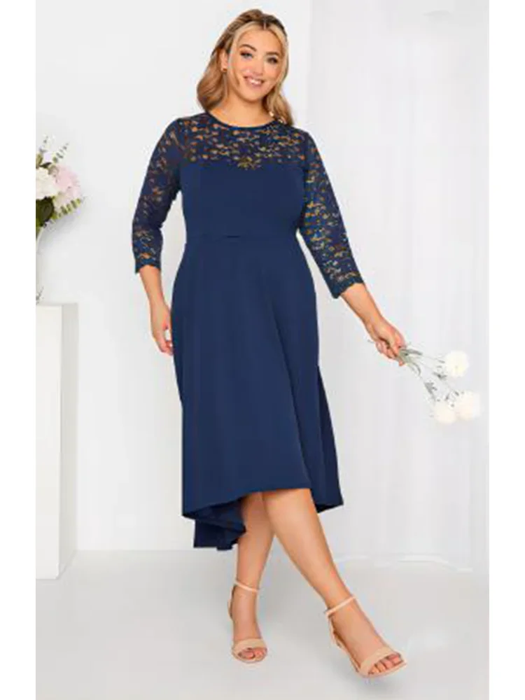 

Women's Elegant Party Dress Half Sleeve Plus Size Navy Blue Chiffon V Neck Tunic Tea-Length Dress Casual Pleated Evening Dress