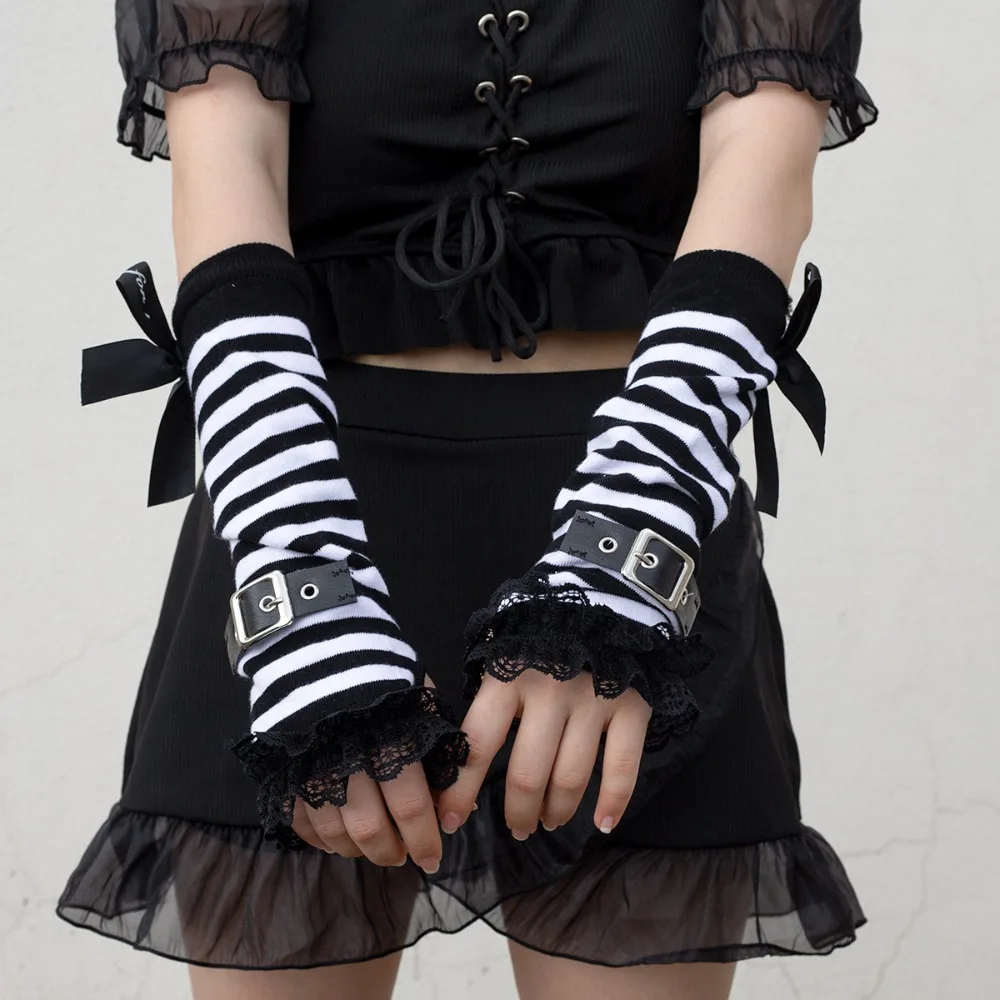Streetwear Elastic Warm Hand Sleeve Subculture Lace Half-ginger Gloves Bowknot Korean Style Fingerless Gloves Lolita